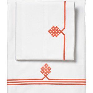 Serena & Lily Coral Orange Embroidered King Sateen Flat Sheet [free fitted sht]